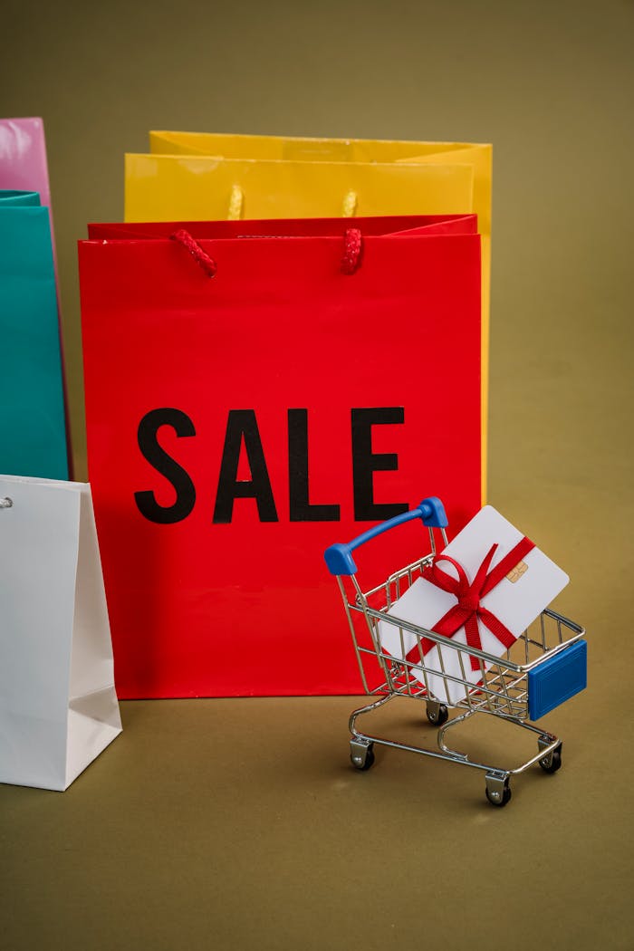 Colorful shopping bags with a mini cart holding a gift symbolize holiday sales and gift shopping.